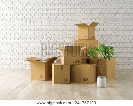 nterior with packed cardboard boxes for relocation 3 D rendering