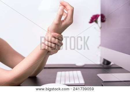 Woman Wrist Arm Pain Long Use Mouse At Office. Office Syndrome Healthcare And Medicine Concept