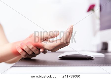 Woman Wrist Arm Pain Long Use Mouse At Office. Office Syndrome Healthcare And Medicine Concept