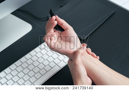 Woman Wrist Arm Pain Long Use Pen Mouse Working. Office Syndrome Healthcare And Medicine Concept