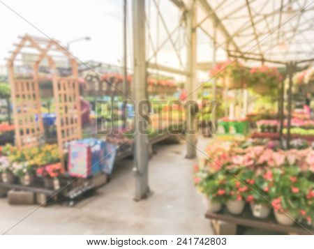 Blurred Plant Nursery, Tool And Equipment At Garden Center In Usa