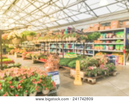 Blurred Plant Nursery, Tool And Equipment At Garden Center In Usa