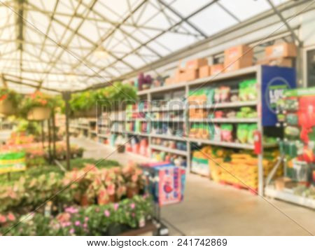 Blurred Plant Nursery, Tool And Equipment At Garden Center In Usa