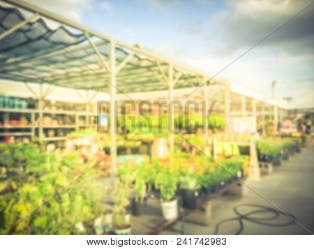 Blurred Plant Nursery, Tool And Equipment At Garden Center In Usa