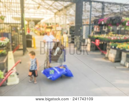 Blurred Plant Nursery, Tool And Equipment At Garden Center In Usa