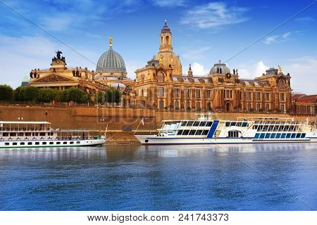 Dresden skyline reflecion in Elbe river in Saxony of Germany