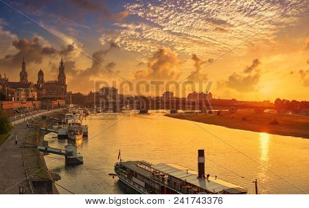 Dresden skyline reflecion in Elbe river at sunset in Saxony of Germany