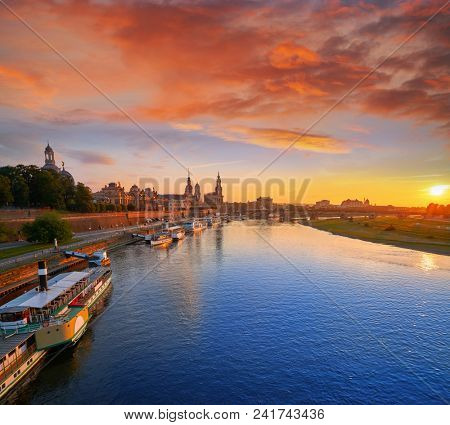 Dresden skyline reflecion in Elbe river at sunset in Saxony of Germany