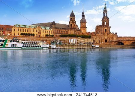 Dresden skyline reflecion in Elbe river in Saxony of Germany