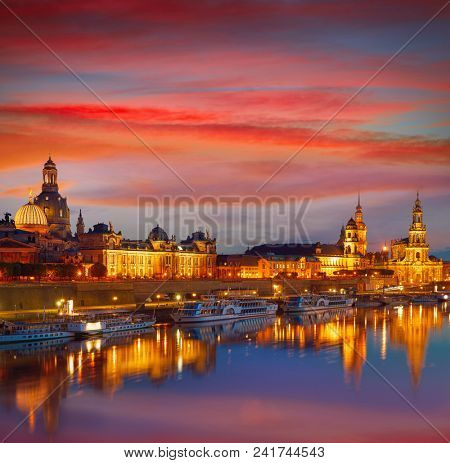 Dresden sunset skyline reflecion in Elbe river in Saxony of Germany