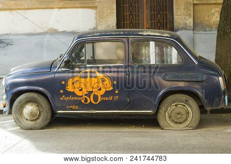 Lviv, Ukraine - August 04, 2017: Old Retro Soviet Car Zaz Zaporozhets Stands On Road. 
Vintage Blue 