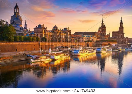 Dresden skyline reflecion in Elbe river at sunset in Saxony of Germany