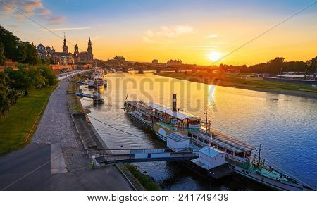 Dresden skyline reflecion in Elbe river at sunset in Saxony of Germany