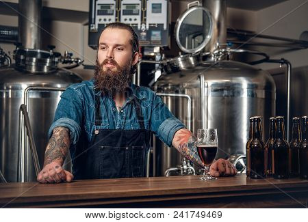 Portrait Of Tattooed, Bearded Hipster Male Manufacturer Presenting Beer Microbrewery.