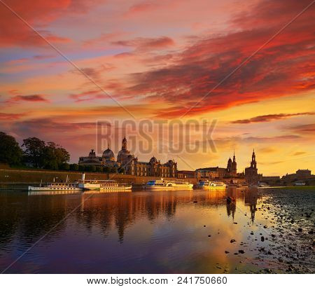 Dresden skyline reflecion in Elbe river at sunset in Saxony of Germany
