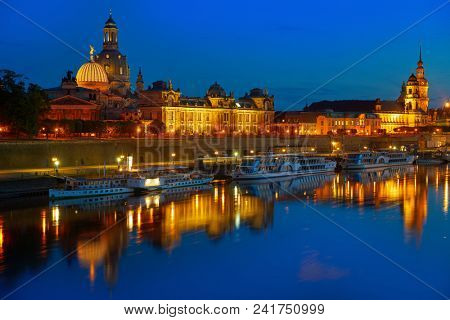 Dresden sunset skyline reflecion in Elbe river in Saxony of Germany
