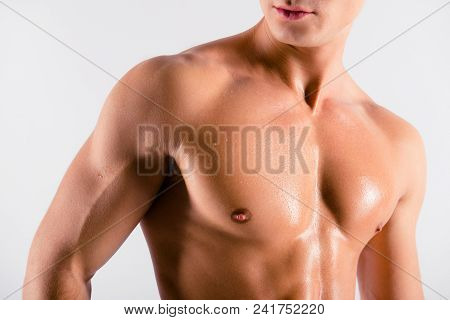 Close Up Cropped Front View Photo Of Sexual Tempting Attractive Tired Sporty Muscular Sweaty Man's P