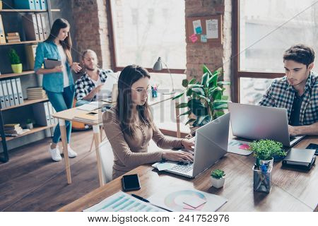 Common Workday Process In Office - Concentrated, Serious Colleagues Sitting At Their Work Place Usin