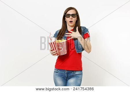 Portrait Of Young Scared Woman In 3d Glasses Watching Movie Film, Holding Bucket Of Popcorn And Plas