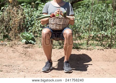 closeup of a young caucasian man, sitting outdoors, with a rustic basket in his lap full of vegetables freshly collected in an organic orchard