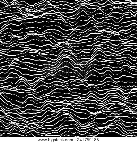 Texture Made Of Wavy White Line With Variable Width On Black Background. Vector Line Noise.