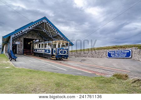 Llandudno, Conwy , Wales, Uk - April 22 2018 : The Great Orme Tramway Is Climbing The Mountain.