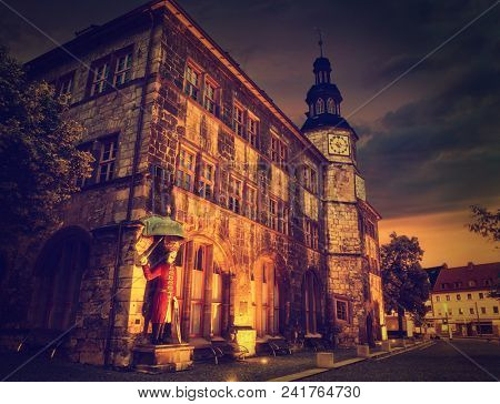 Stadt Nordhausen Rathaus sunset city hall with Roland figure in Thuringia Germany