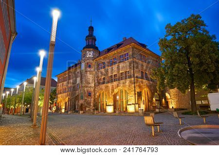 Stadt Nordhausen Rathaus sunset city hall with Roland figure in Thuringia Germany