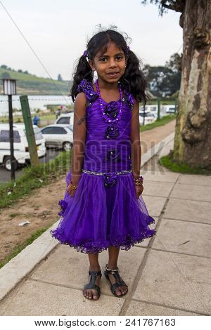 Nuwara Eliya, Sri Lanka - January 25, 2014: Unidentified Little Girl On The Street Of Nuwara Eliya, 
