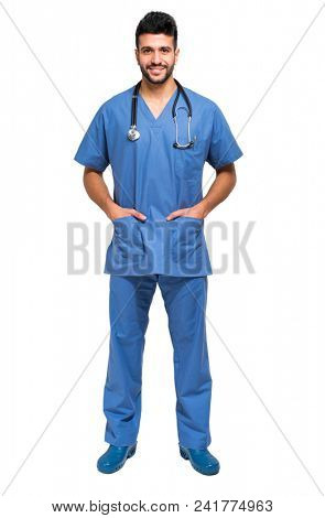 Young smiling male nurse full length portrait isolated on hwite
