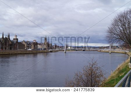 Inverness In Scotland From The Perspektive Of The Ness Bridge