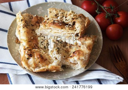 Traditional Bulgarian Homemade Banitsa. Pie With Feta Cheese.