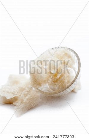 Popular Indian And Asian Sweet Milk Dessert China Grass Or Halwa Grass In A Bowl Isolated On White.
