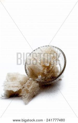 Popular Indian And Asian Sweet Milk Dessert China Grass Or Halwa Grass In A Bowl Isolated On White.