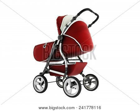 Modern Baby Carriage With Dome Against Rain And Wind Red With White Insets 3d Render On White Backgr