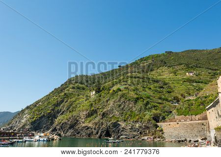 Corniglia, Italy - April 27: Beach View Of Corniglia Village, On April 27 2018 In Corniglia, Italy