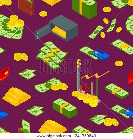 Money Signs Seamless Pattern Background Isometric View Include Of Coin, Dollar Stack, Graph, Plastic