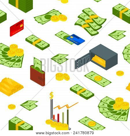 Money Signs Seamless Pattern Background On A White Isometric View Include Of Coin, Dollar Stack, Gra
