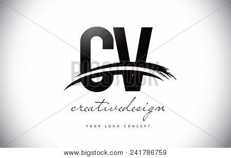 Cv C V Letter Logo Design With Swoosh And Black Brush Stroke. Modern Creative Brush Stroke Letters V