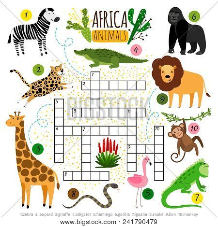Crossword Africa Animals. Kids Zoo African Crossword For School Children, Words Searching Game Vecto