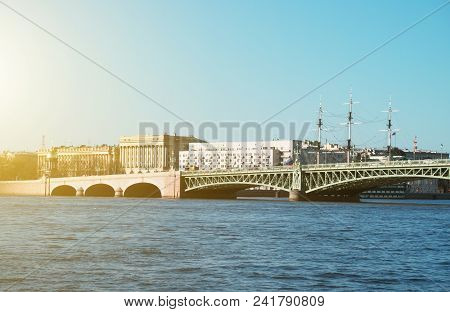 Troitsky Drawbridge Bridge Across The Neva River In St. Petersburg.