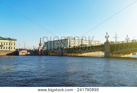 Troitsky Drawbridge Bridge Across The Neva River In St. Petersburg.