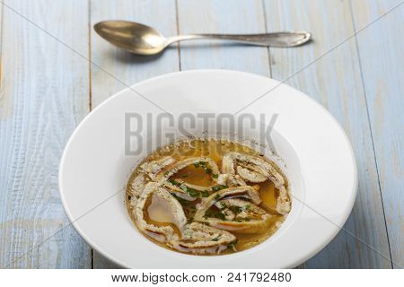 Bavarian Pancake Soup In A White Plate