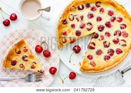 Cherry Pie With Cream Filling, French Dessert Clafoutis With Red Sweet Cherries