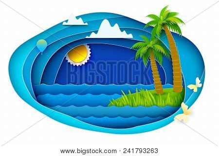 Paper Art Cut Out Style Landscape With Sea Waves, Iland , Palms, Sun, Clouds And Butterflies. Retro 