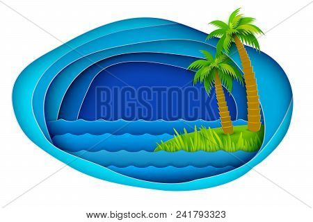 Paper Art Cut Out Style Landscape With Sea Waves, Green Iland, Couple Of Palms. Retro Vector Illustr