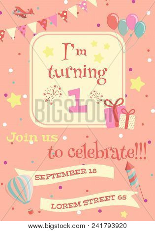 Kids Birthday Party Invitation Card. Vector Illustration