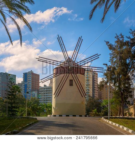 Old Traditional Windmill At Montaza Public Park In Sunny Summer Day, Alexandria, Egypt