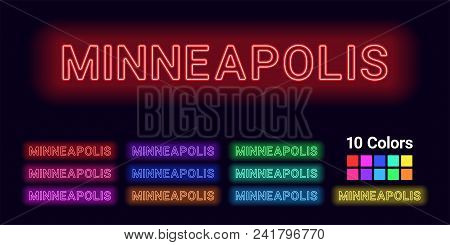 Neon Name Of Minneapolis City. Vector Illustration Of Minneapolis Inscription Consisting Of Neon Out