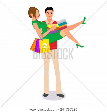 Happy Woman In The Hands Of A Sad Man After Shopping.